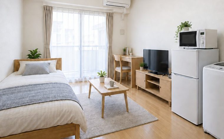 家具家電付きの明るいワンルームの一例